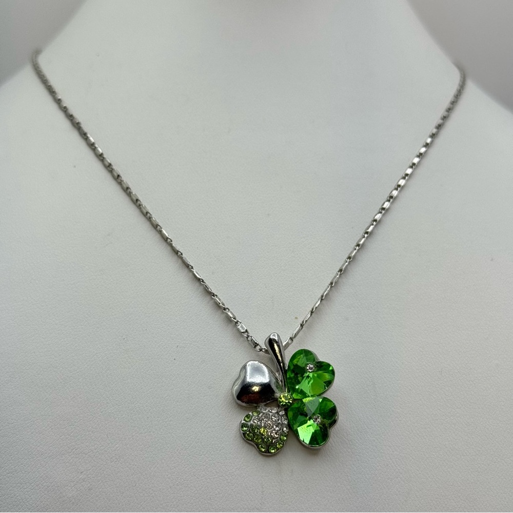 Silver Green Crystal Clover Necklace Shamrock Pendant Glam Sparkly Boho